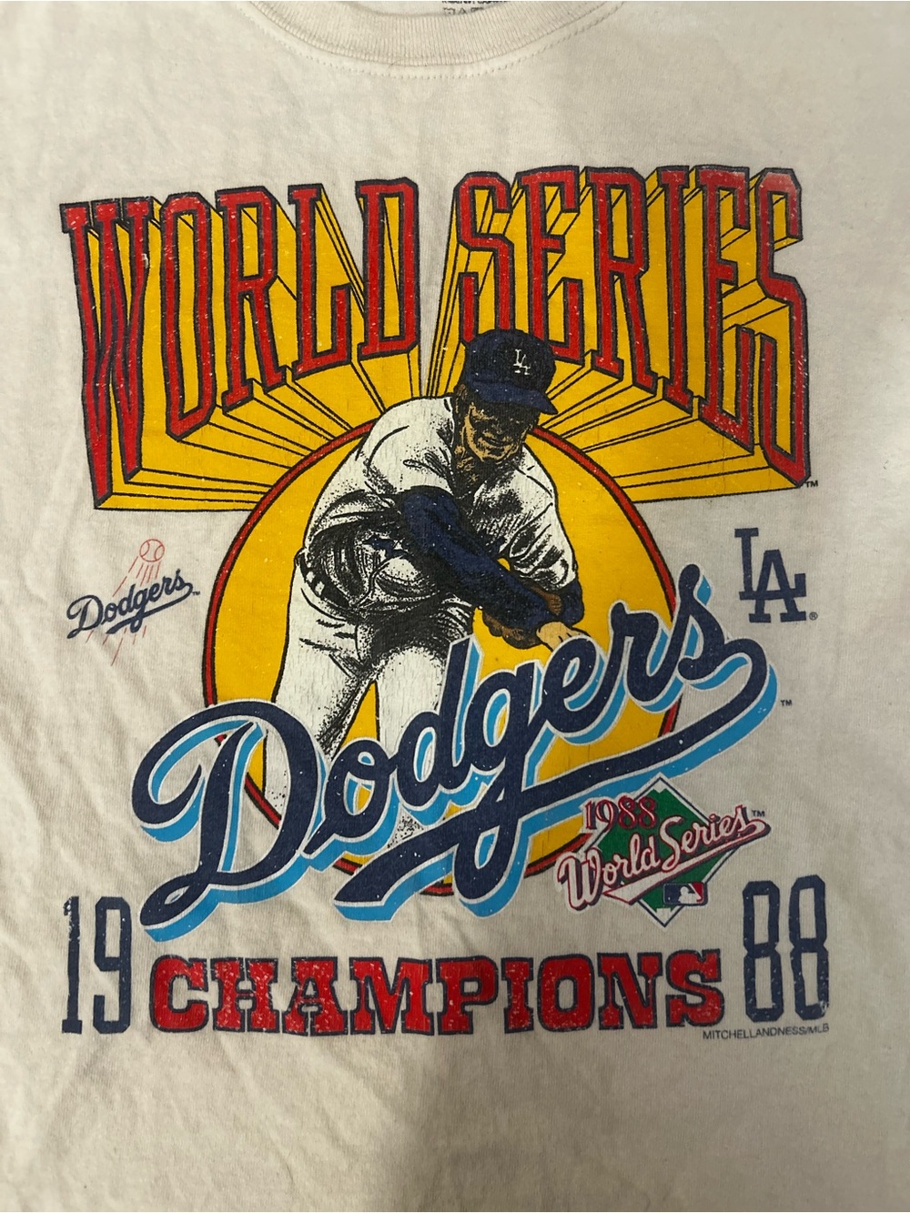 Mitchell & Ness Dodgers White World Series Graphic Tee with Red & Yellow Art